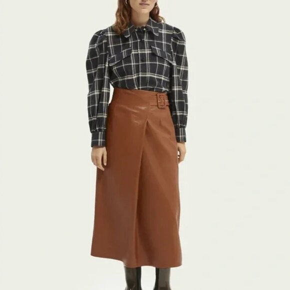 Scotch and Soda Skirt Midi Wrap Over Belted Faux Vegan Leather Tan Brown Size XS - Picture 1 of 12